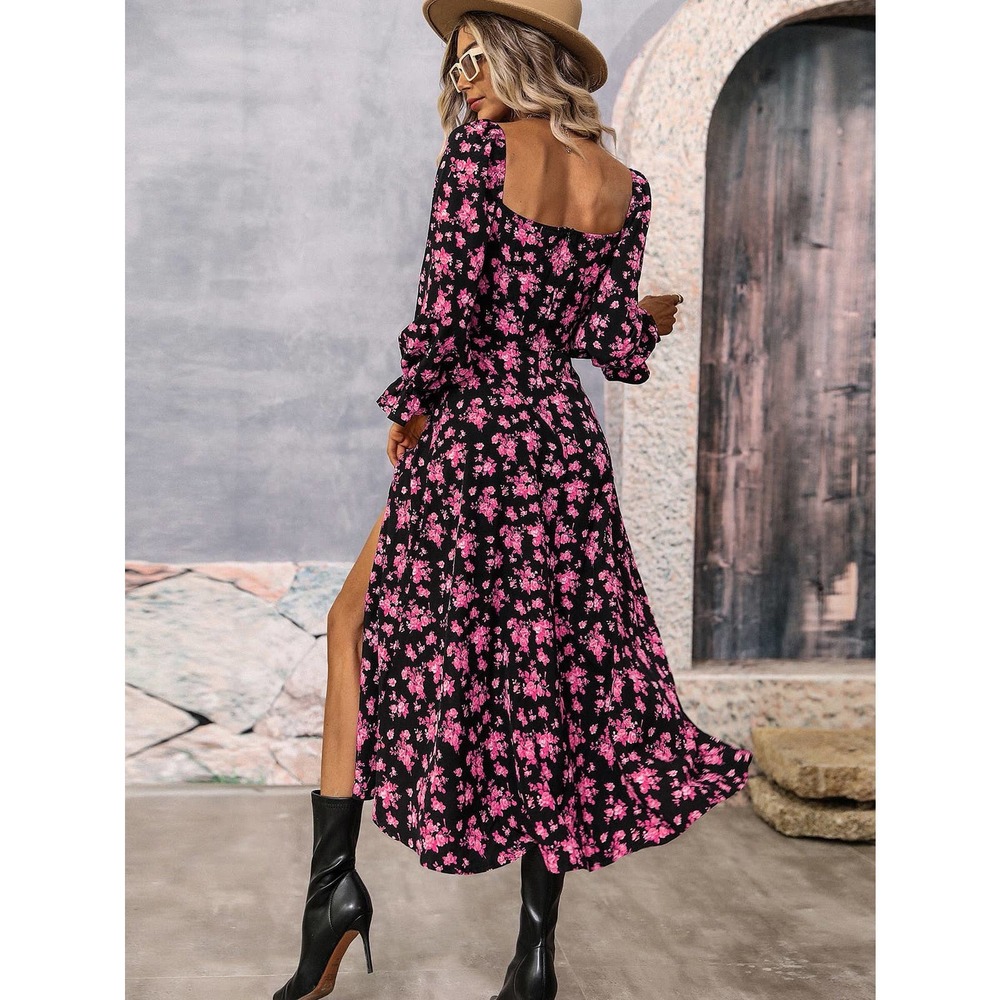 Black yellow Floral Print Flounce long Sleeve Knotted Split Thigh midi Dress - Picture 7 of 11